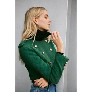 Zara Lawn Green Textured Weave Cropped Blazer Jacket S